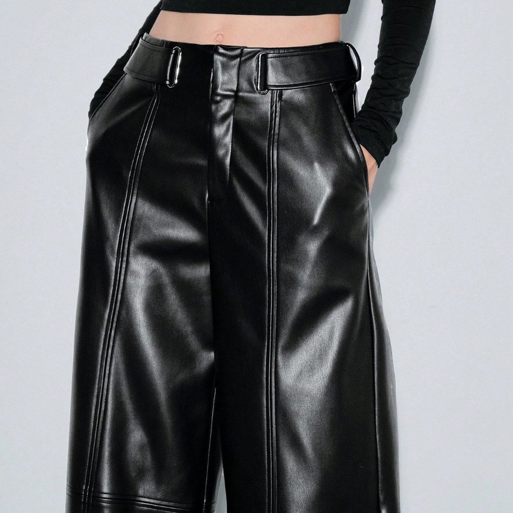 Black Preppy Womens Wide Leg Pants - Picture 4 of 5